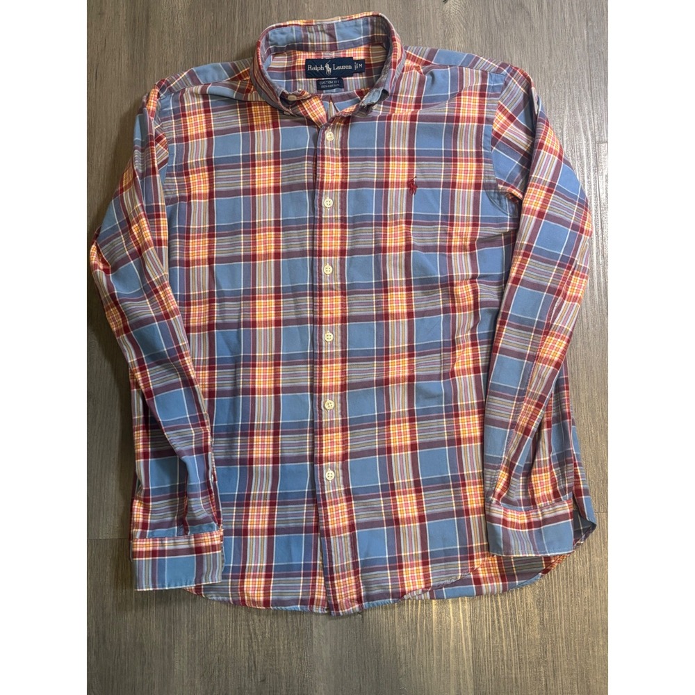 Ralph Lauren Button Down Mens M Blue Red Plaid Custom Fit Cotton Long Sleeve
